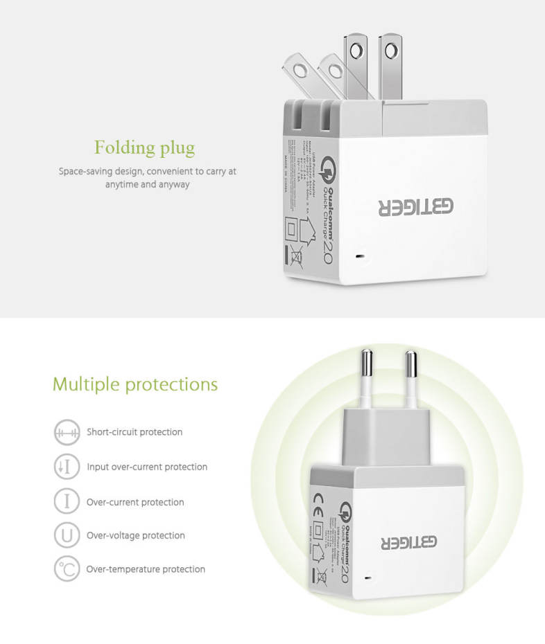 GBTIGER Qualcomm Certification QC 2.0 USB Multifunctional Quick Travel Adapter with LED Light