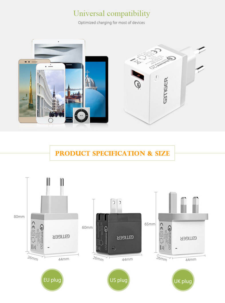 GBTIGER Qualcomm Certification QC 2.0 USB Multifunctional Quick Travel Adapter with LED Light