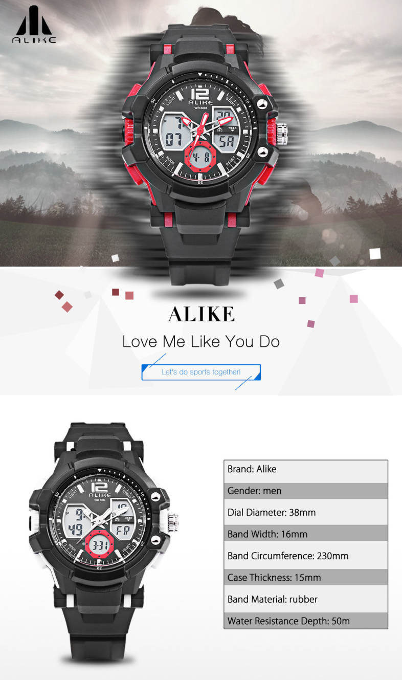 ALIKE AK16123 Male Dual Movt LED Sport Watch Chronograph Calendar Men Wristwatch