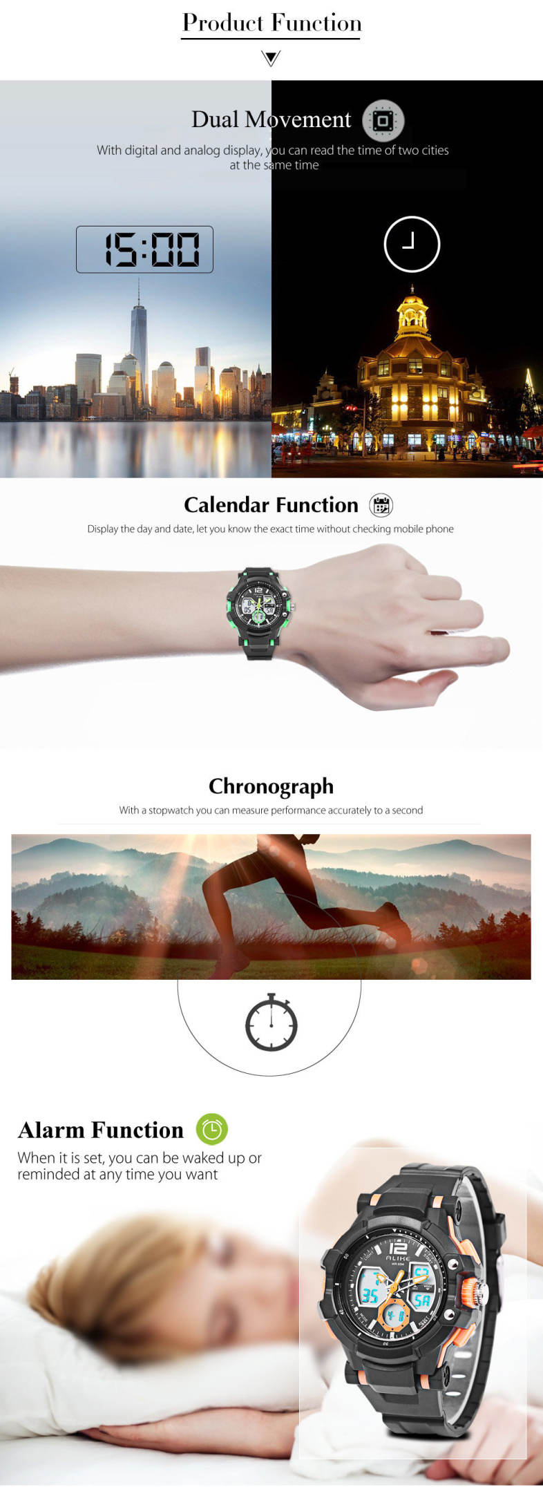 ALIKE AK16123 Male Dual Movt LED Sport Watch Chronograph Calendar Men Wristwatch