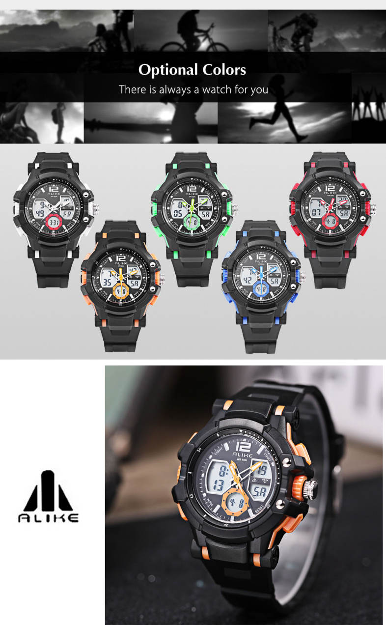 ALIKE AK16123 Male Dual Movt LED Sport Watch Chronograph Calendar Men Wristwatch