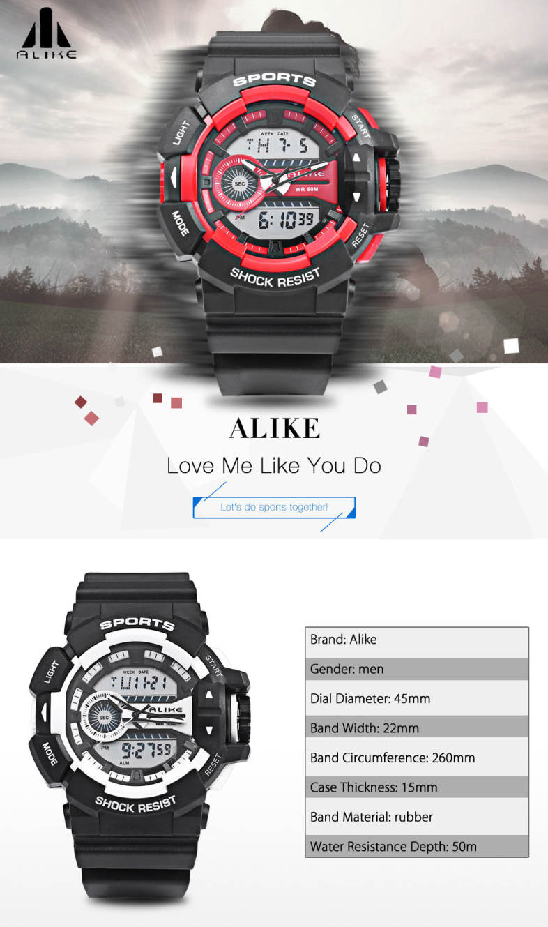 ALIKE AK14111 Male Dual Movt Sport Watch Alarm Chronograph Men Wristwatch
