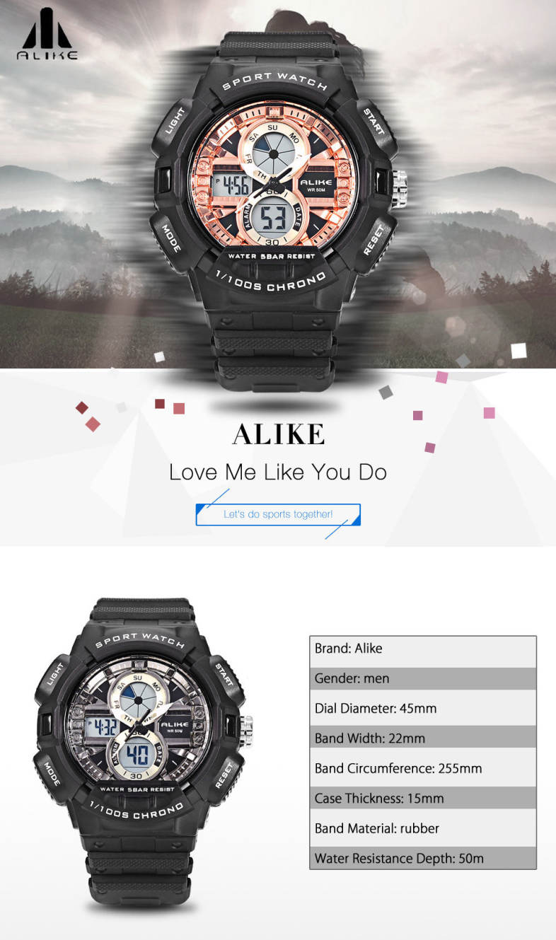 ALIKE AK16127 Dual Movt Sport Watch Calendar Stopwatch Alarm Men Wristwatch