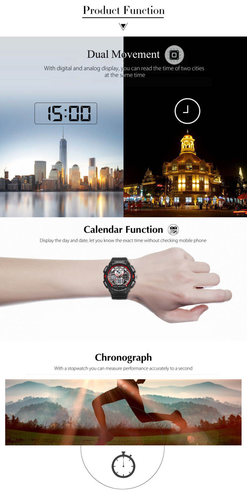 ALIKE AK16127 Dual Movt Sport Watch Calendar Stopwatch Alarm Men Wristwatch