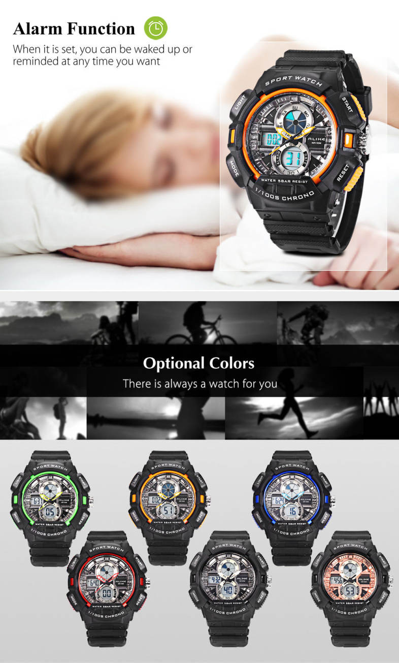 ALIKE AK16127 Dual Movt Sport Watch Calendar Stopwatch Alarm Men Wristwatch