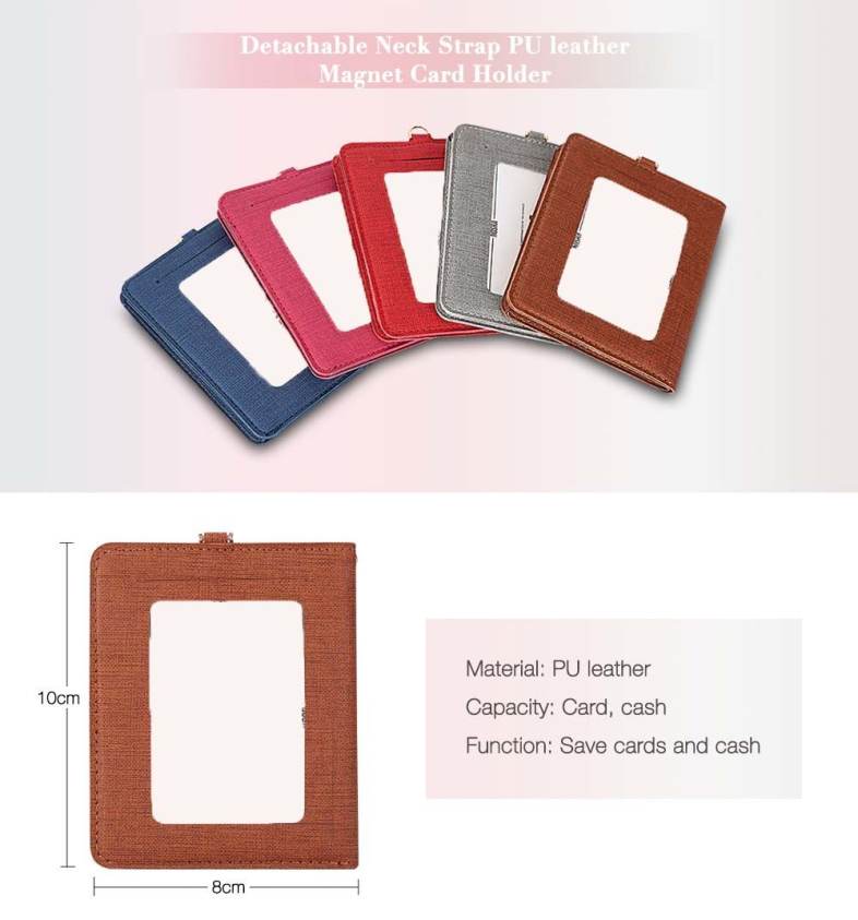 Detachable Neck Strap PU Leather Magnet Card Holder Unisex Portable Light Wallet