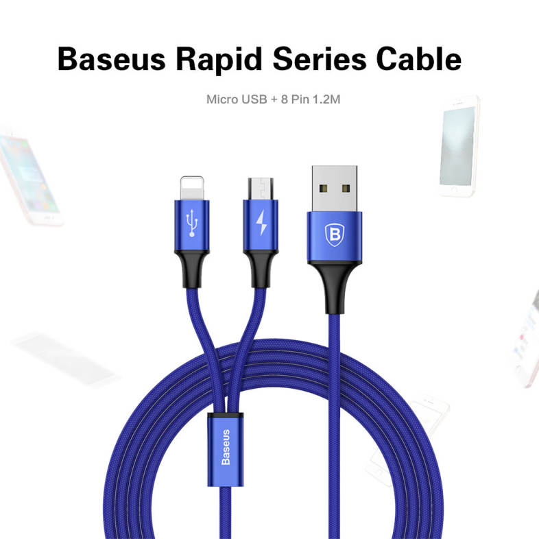 Baseus Rapid Series 2 in 1 Micro USB   8 Pin Connector 3A Fast Charging Data Transfer Cable 1.2M
