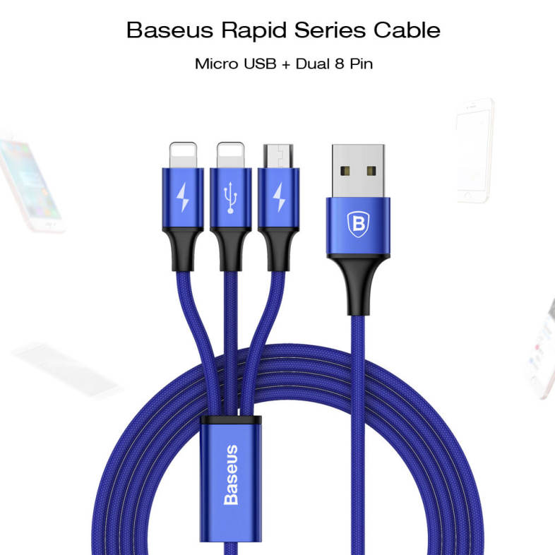 Baseus Rapid Series 3 in 1 Micro USB   Dual 8 Pin Connector 3A Fast Charging Data Transfer Cable 1.2M