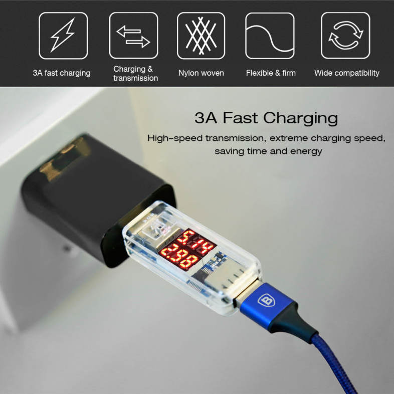 Baseus Rapid Series 3 in 1 Micro USB   Dual 8 Pin Connector 3A Fast Charging Data Transfer Cable 1.2M