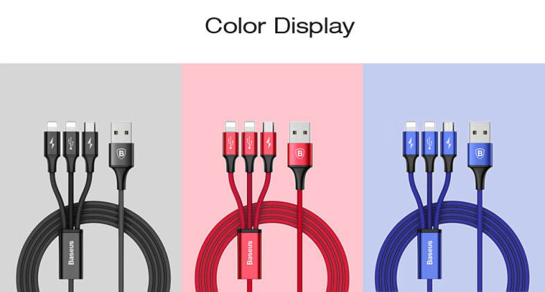Baseus Rapid Series 3 in 1 Micro USB   Dual 8 Pin Connector 3A Fast Charging Data Transfer Cable 1.2M