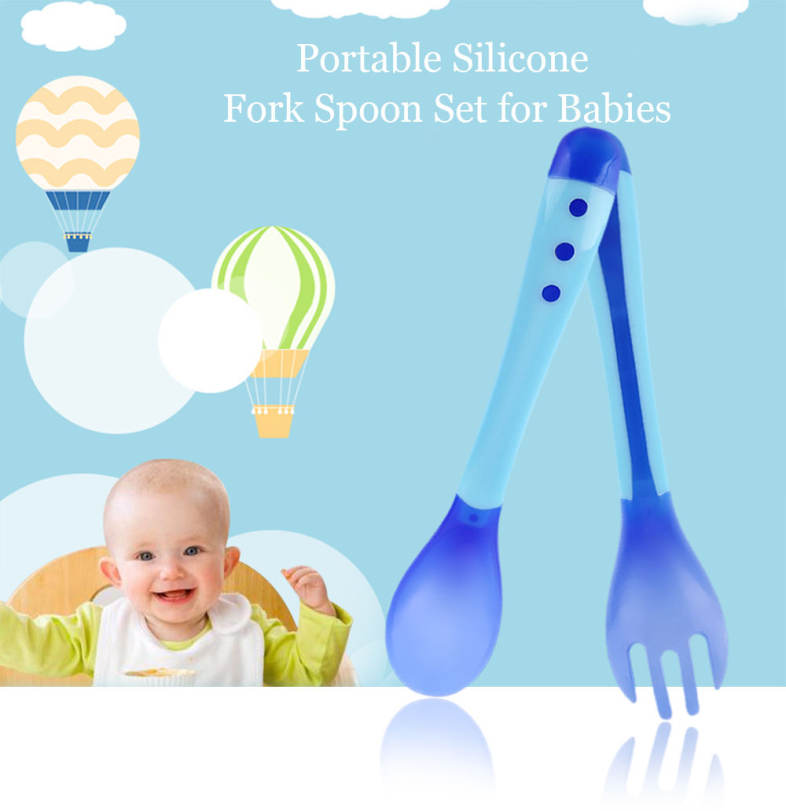 BOBEIELEPHANT Portable Temperature Changing Color Silicone Fork Spoon Set for Babies