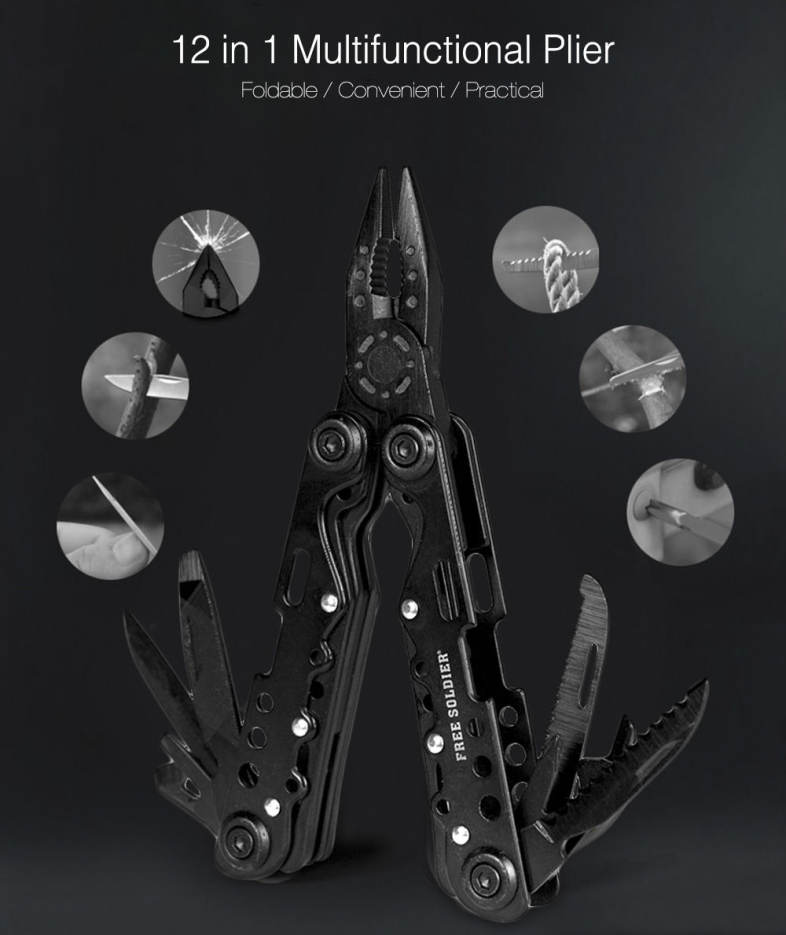 Free Soldier Outdoor Camping Hiking 12 in 1 Multifunctional Foldable Stainless Steel Needle Nose Plier