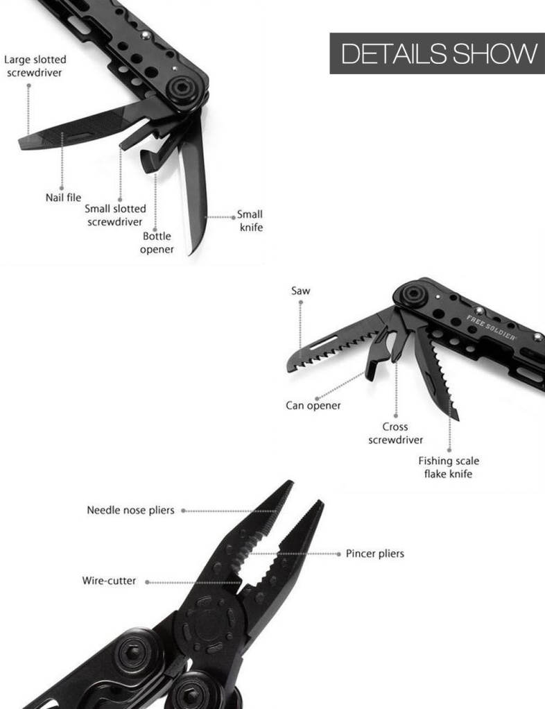 Free Soldier Outdoor Camping Hiking 12 in 1 Multifunctional Foldable Stainless Steel Needle Nose Plier