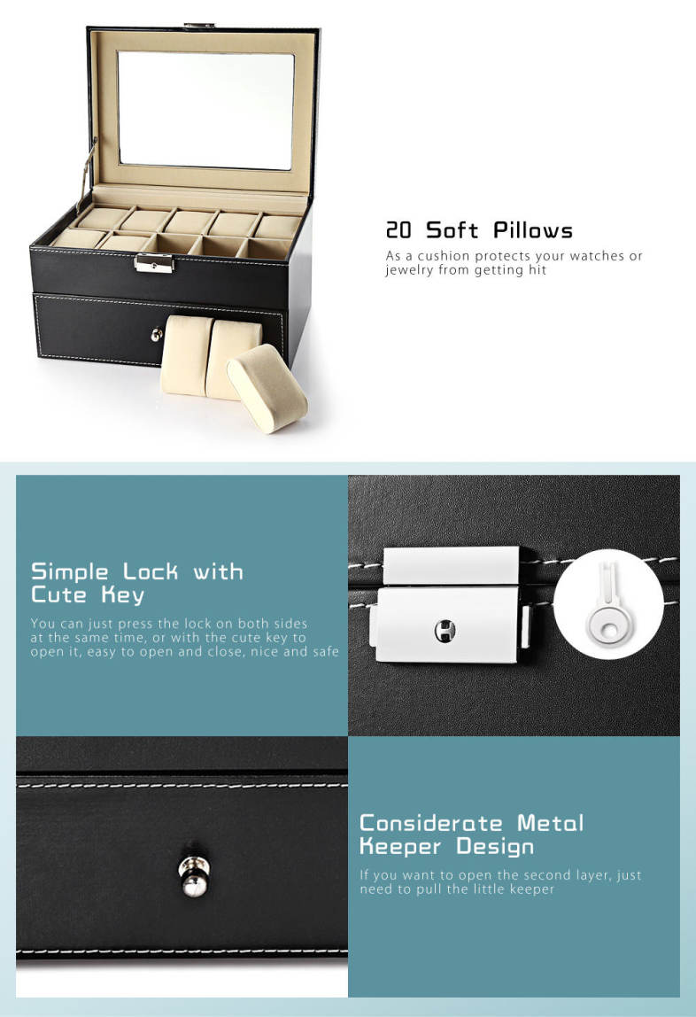 20 Grids Drawer-style PU Watch Storage Organizer Jewelry Display Box