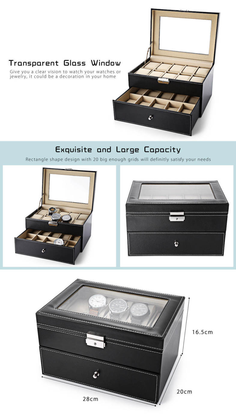20 Grids Drawer-style PU Watch Storage Organizer Jewelry Display Box