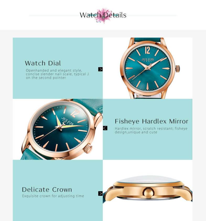 JULIUS JA - 983L Women Quartz Watch Luminous Pointer Genuine Leather Band Wristwatch