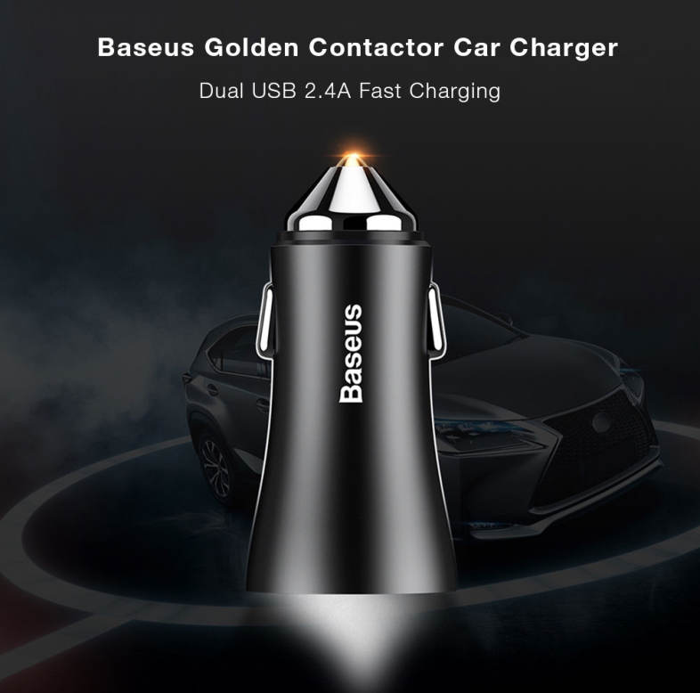 Baseus Golden Contactor 2.4A Fast Charging Dual USB Intelligent Car Charger