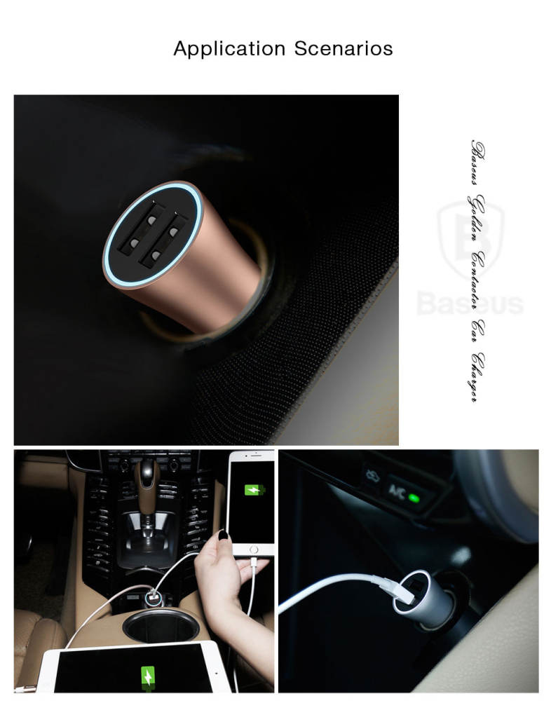 Baseus Golden Contactor 2.4A Fast Charging Dual USB Intelligent Car Charger