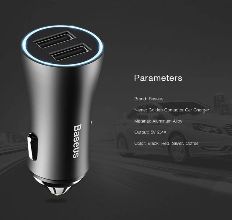 Baseus Golden Contactor 2.4A Fast Charging Dual USB Intelligent Car Charger