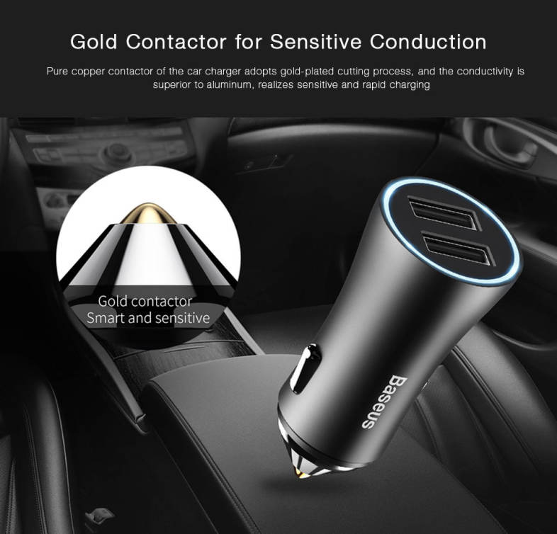 Baseus Golden Contactor 2.4A Fast Charging Dual USB Intelligent Car Charger