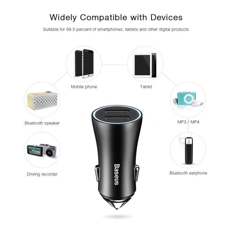 Baseus Golden Contactor 2.4A Fast Charging Dual USB Intelligent Car Charger