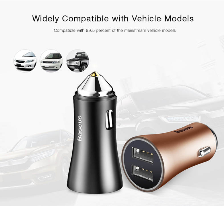 Baseus Golden Contactor 2.4A Fast Charging Dual USB Intelligent Car Charger