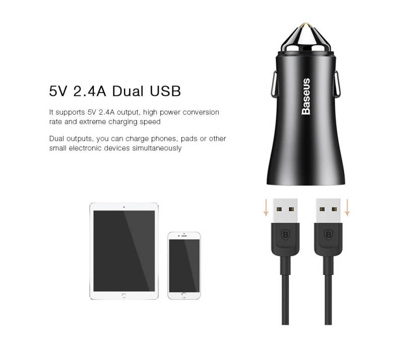 Baseus Golden Contactor 2.4A Fast Charging Dual USB Intelligent Car Charger