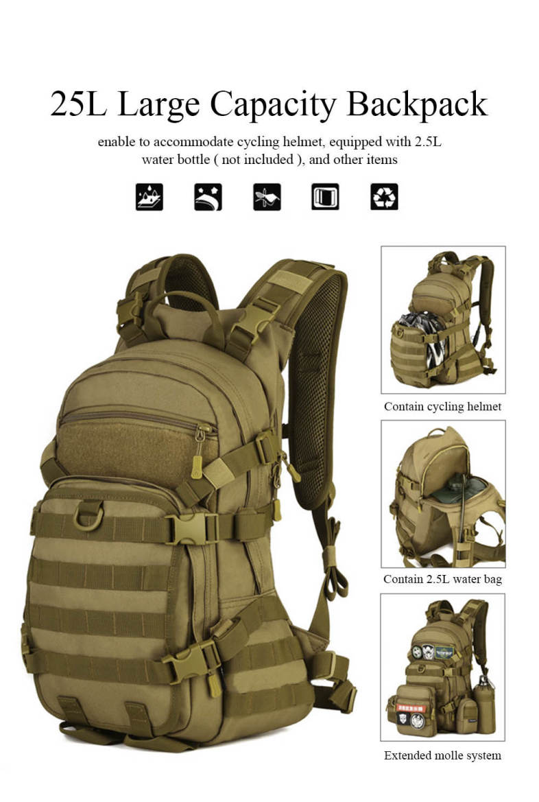 Protector Plus 25L Outdoor Water Resistant Military Backpack for Hiking Camping Climbing