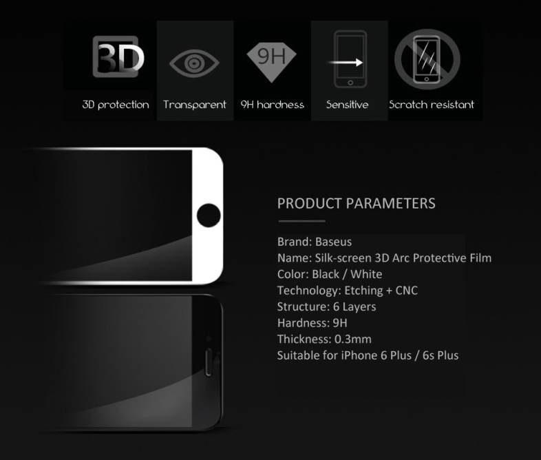 Baseus 3D Silk-screen Printed Full Edge Coverage Tempered Glass Protective Film for iPhone 6 Plus / 6s Plus 5.5 inch 0.3mm
