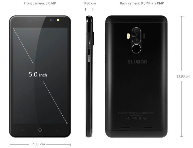 Bluboo D1 3G Smartphone 5.0 inch Android 7.0 MTK6580A Quad Core 1.3GHz 2GB RAM 16GB ROM Fingerprint Scanner Dual Rear Cameras