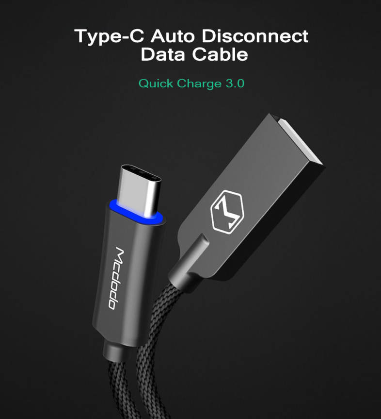 MCDODO CA - 288 Knight Series QC 3.0 Type-C Auto Disconnect Transfer Data Synchronization Charging Cable 1M