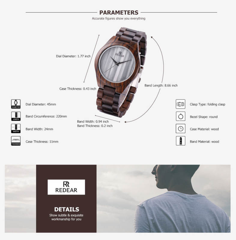 REDEAR SJ1448 - 1 Unisex Wood Quartz Watch Marble Dial Wooden Wristwatch