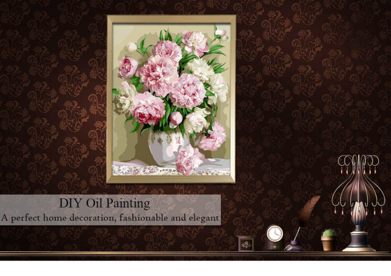 DIY Pink Peony with Vase Digital Oil Painting Wall Home Decor