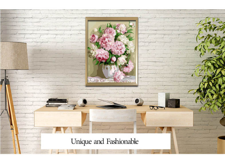 DIY Pink Peony with Vase Digital Oil Painting Wall Home Decor