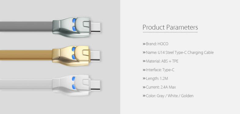HOCO U14 Steel Type-C Intelligent Indicator Transfer Data Synchronization Charging Cord 1.2M