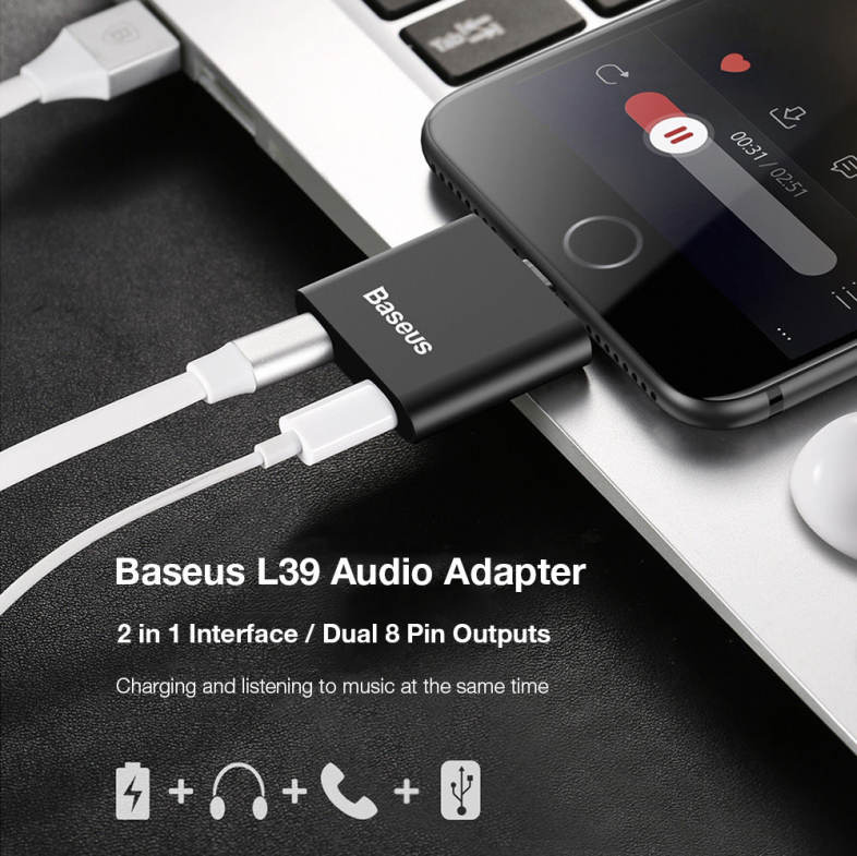 Baseus L39 Dual 8 Pin Audio Adapter Headphone Charging Sync Data for iPhone 7 / 7 Plus