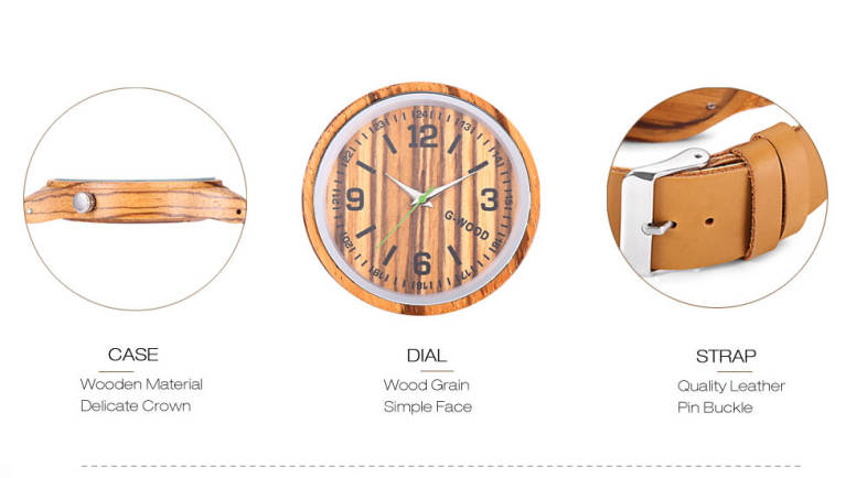 G - WOOD EG0710 Wood Quartz Watch Wooden Case Wristwatch for Men Women