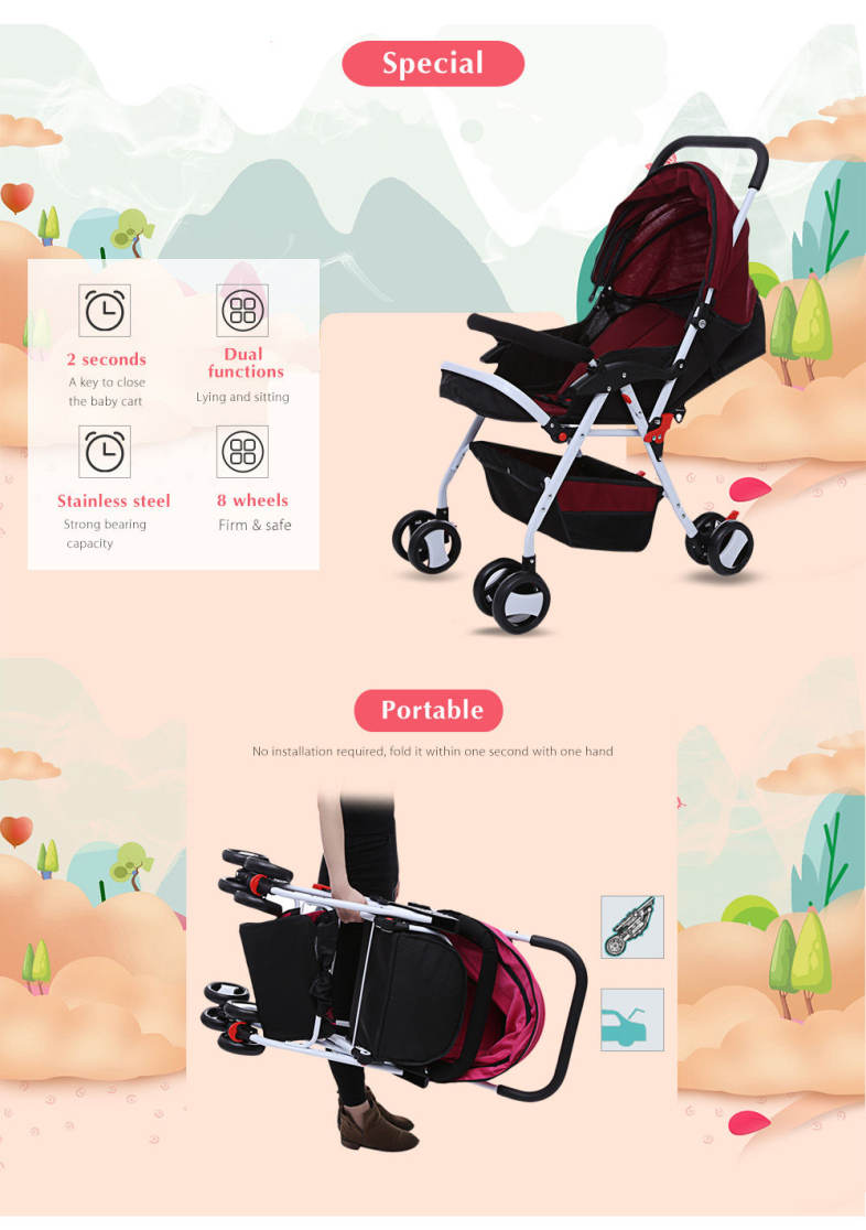 MoonSater 1602 Foldable Pram Portable Baby Stroller with Universal Casters