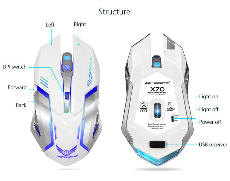 ZERODATE X70 Dual-mode Gaming Mouse 2400DPI with Breathing Light