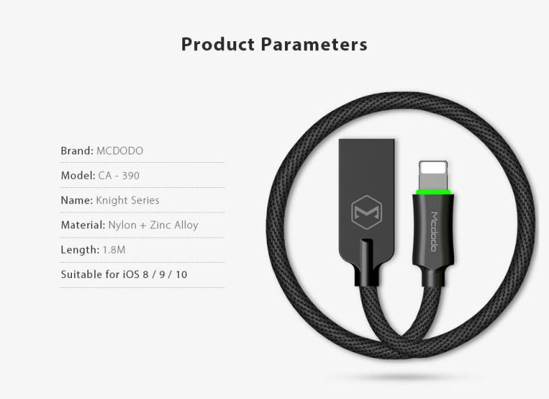 MCDODO CA - 390 Knight Series 8 Pin 2.4A Fast Charging Auto Disconnection Data Sync Cable with Flashlight 1.8M