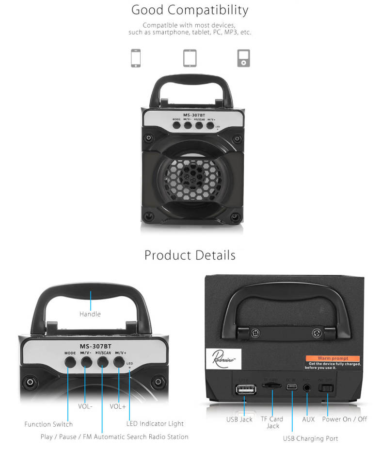 Redmaine MS - 307BT Portable Bluetooth Speaker with LED Lights 3 inch Driver Unit