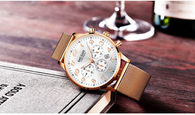 MEGIR 2022 Casual Working Sub-dial Male Quartz Watch with Stainless Steel Net Strap