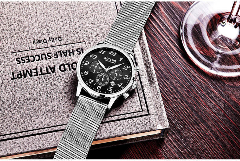 MEGIR 2022 Casual Working Sub-dial Male Quartz Watch with Stainless Steel Net Strap