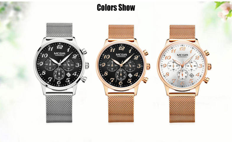 MEGIR 2022 Casual Working Sub-dial Male Quartz Watch with Stainless Steel Net Strap