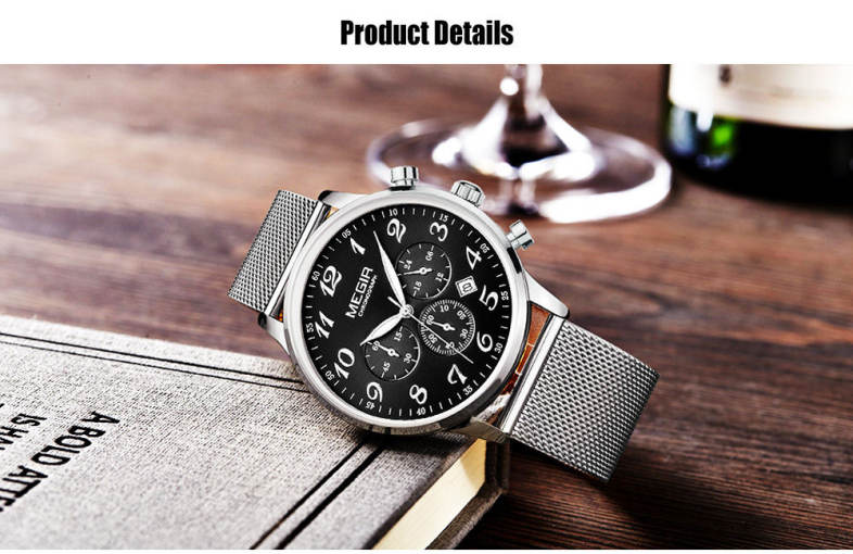 MEGIR 2022 Casual Working Sub-dial Male Quartz Watch with Stainless Steel Net Strap