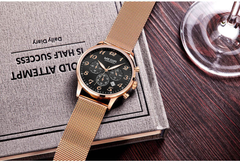MEGIR 2022 Casual Working Sub-dial Male Quartz Watch with Stainless Steel Net Strap