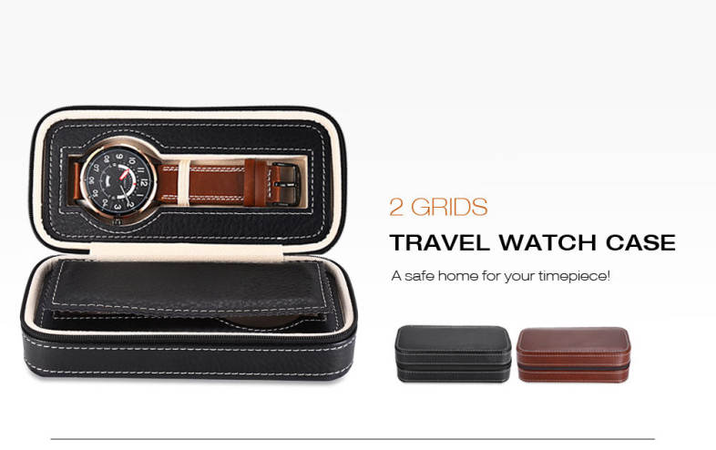 2 Grids PU Leather Travel Watch Storage Case Zipper Wristwatch Box Organizer