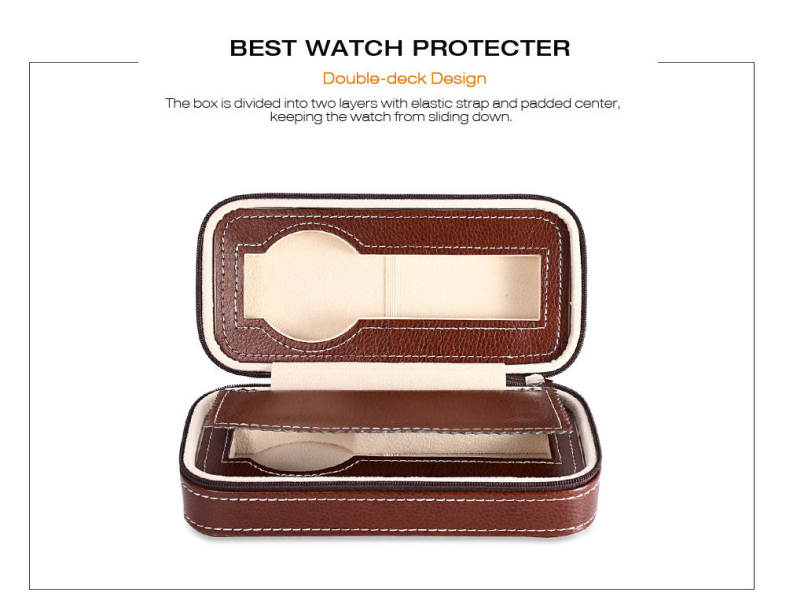 2 Grids PU Leather Travel Watch Storage Case Zipper Wristwatch Box Organizer
