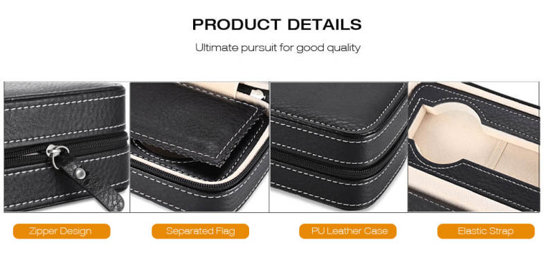2 Grids PU Leather Travel Watch Storage Case Zipper Wristwatch Box Organizer