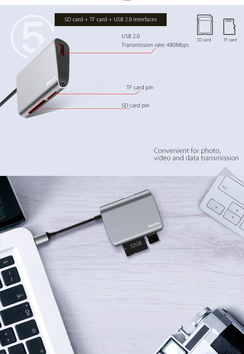 Baseus Enjoyment Series Type-C Output SD / TF Card   USB 2.0 Interface Hub Digital Multiport Adapter